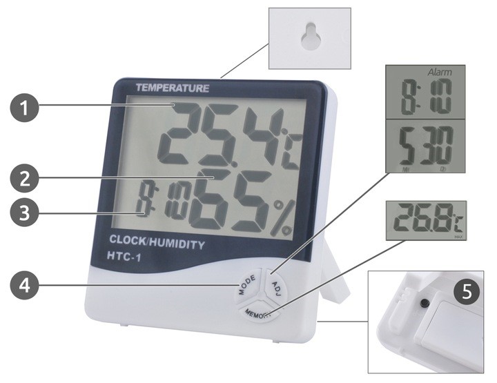 higrometr, wskaźnik wilgotności powietrza, miernik, zegar, budzik, termometr